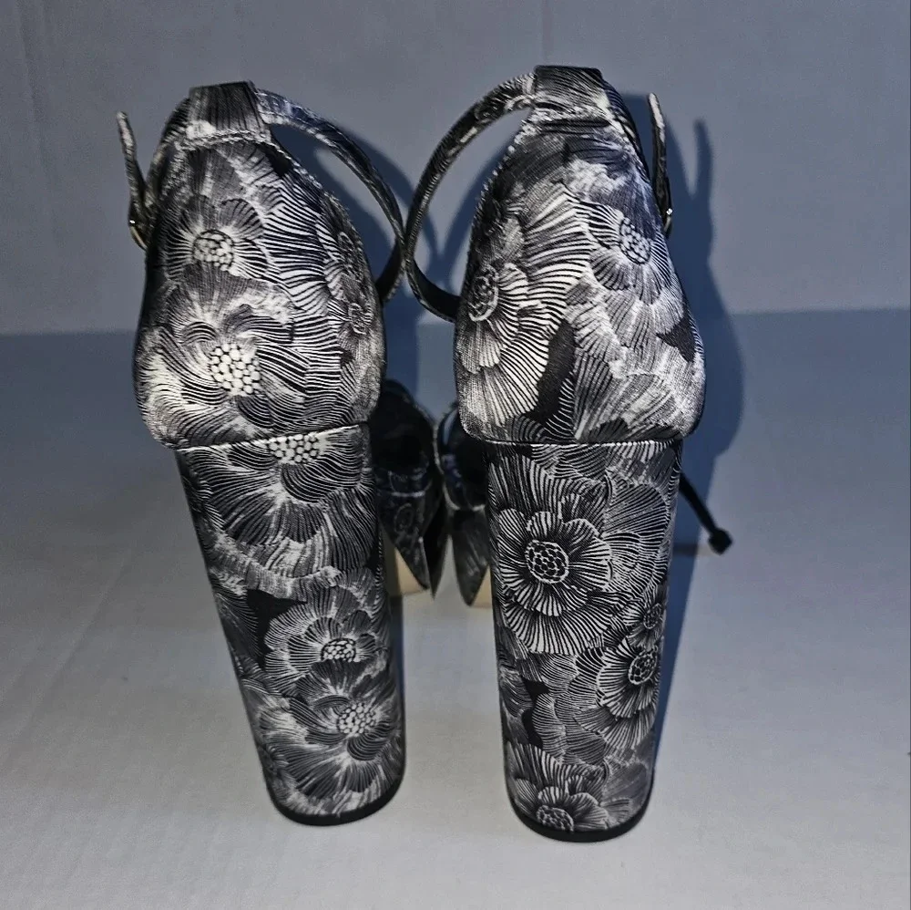 Black & White Floral Platform Heeled Sandals